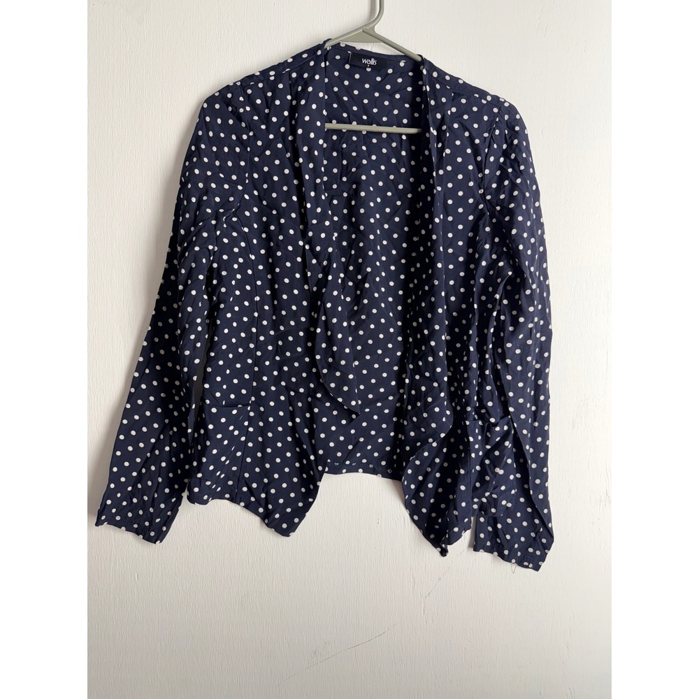 Wallis Navy Blue White Polka Dot Open Front Draped Cardigan Top Small